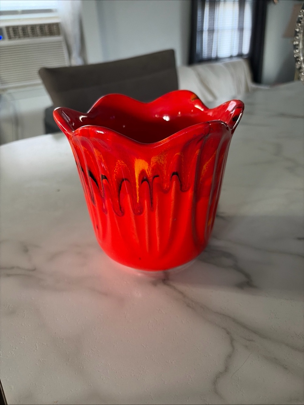 Mid Century red drip glaze planter tulip shape Blk orange lava USA pottery